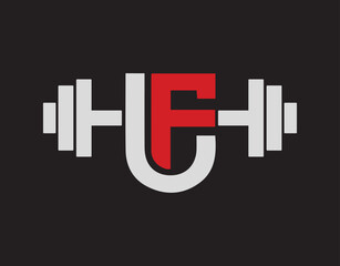 U F fitness logo with Barbell, fitness vector icon design and Barbell Fitness Gym Logo Design.