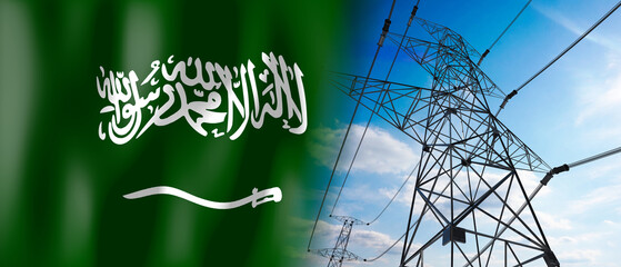 Saudi Arabia - country flag and electricity pylons - 3D illustration