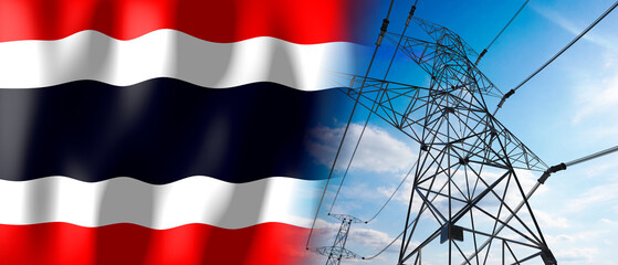 Thailand - country flag and electricity pylons - 3D illustration