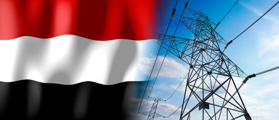 Yemen - country flag and electricity pylons - 3D illustration