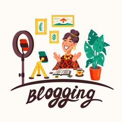 Blogging, making content for a blog or vlog vector illustration. Blogger or vlogger cartoon character making internet content vector flat illustration.