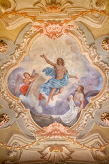 COURMAYEUR, ITALY - JULY 12, 2022: The ceiling fresco of Resurrection in church Chiesa di San Pantaleone originaly by Giacomo Gnifetti from18. cent. and restored in1957 by Nino Pirlato.