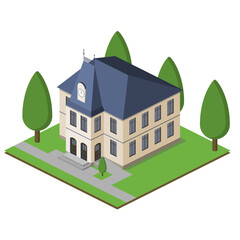 Isometric town hall with background, trees, pavement. European architecture.