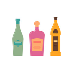 Set bottles of vermouth liquor beer. Icon bottle with cap and label. Great design for any purposes. Flat style. Color form. Party drink concept. Simple image shape