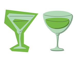 Vermouth glass on white background. Cartoon sketch graphic design. Flat style. Colored hand drawn image. Party drink concept for restaurant, cafe. Freehand. Two kinds of illustration.