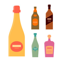 Set bottles of champagne rum balsam vermouth cream. Icon bottle with cap and label. Graphic design for any purposes. Flat style. Color form. Party drink concept. Simple image shape
