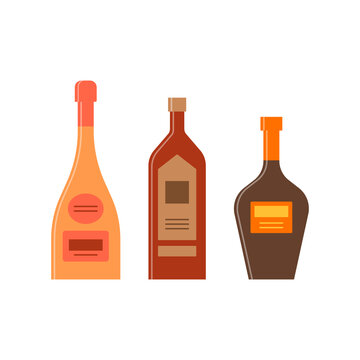 Set bottles of champagne whiskey brandy. Icon bottle with cap and label. Great design for any purposes. Flat style. Color form. Party drink concept. Simple image shape