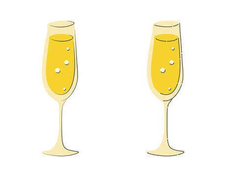 Champagne glass on white background. Cartoon sketch graphic design. Flat style. Colored hand drawn image. Party drink concept for restaurant, cafe, party. Freehand drawing style