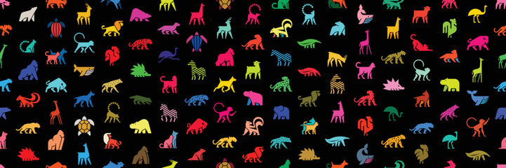 Seamless pattern with Animals logos. Animal logo set. Isolated on Black background	