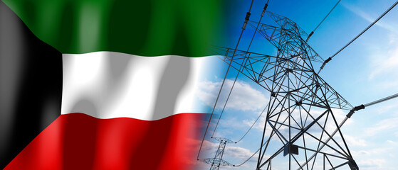 Kuwait - country flag and electricity pylons - 3D illustration