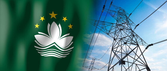 Macau - country flag and electricity pylons - 3D illustration