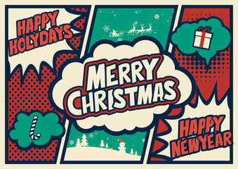 Merry Christmas retro typography pop art background, an explosion in comic book style.