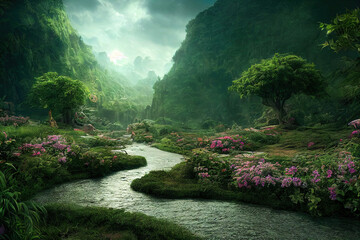 fantasy world landscape, garden of eden