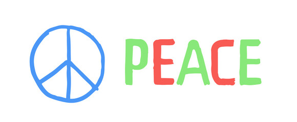 Peace text, hand drawn letters with logo, colorful vector scribbles