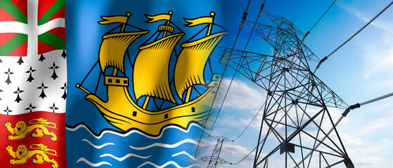 Saint Pierre and Miquelon - country flag and electricity pylons - 3D illustration