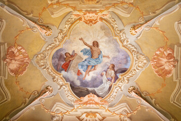 COURMAYEUR, ITALY - JULY 12, 2022: The ceiling fresco of Resurrection in church Chiesa di San Pantaleone originaly by Giacomo Gnifetti from18. cent. and restored in1957 by Nino Pirlato. - obrazy, fototapety, plakaty