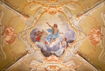 Fotobehang COURMAYEUR, ITALY - JULY 12, 2022: The ceiling fresco of Resurrection in church Chiesa di San Pantaleone originaly by Giacomo Gnifetti from18. cent. and restored in1957 by Nino Pirlato. © Renáta Sedmáková