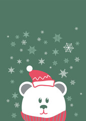 christmas green background with snowflakes and white bear