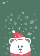 christmas card with white bear on green background with snowflakes