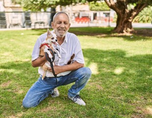 Naklejka na ściany i meble Senior man smiling confident hugging chihuahua at park