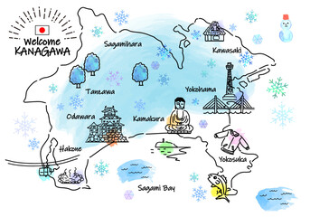 冬の神奈川の観光地のシンプル線画イラストマップ