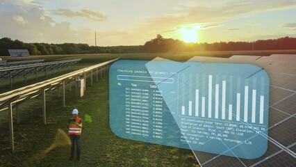 Engineer Wearing Protective Helmet Checking solar panel parameters in photovoltaic power station at sunset using smart tablet device showing infographics data analysis statistics avoided Co2 emission - Powered by Adobe
