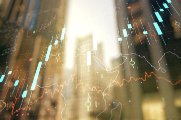Double exposure of abstract financial graph with world map on office buildings background,...