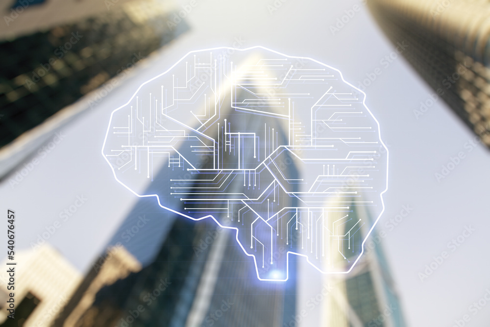 Poster double exposure of creative artificial intelligence interface on modern skyscrapers background. neur