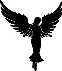 A flying female angel woman with feather wings silhouette