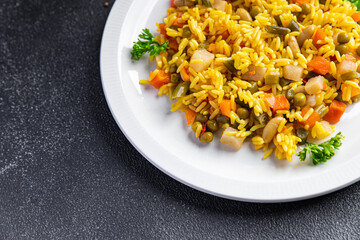 rice curry spice vegetable no meat vegetarian pilaf  healthy meal food snack on the table copy space food background 