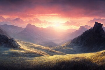 Plakat Illustration of a mountain landscape at sunrise