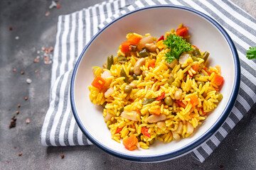 rice curry spice vegetable no meat vegetarian pilaf  healthy meal food snack on the table copy space food background 