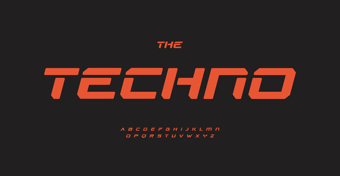 Techno font, industrial alphabet, sport urban letters for technological innovation product logo, lettering and headline. Bold italic square futuristic and geometric typography. Vector typeface