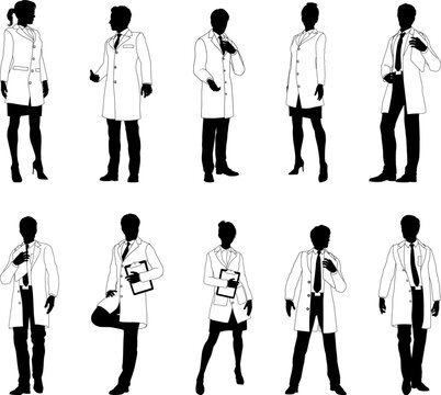 Silhouette people scientists, engineers professors set. Men and women in lab coats. Some holding clipboard checklists. Maybe chemists, science teachers or pharmacists doing experiments or surveying.