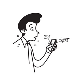 hand drawn doodle smart phone with flying paper plane and envelope illustration