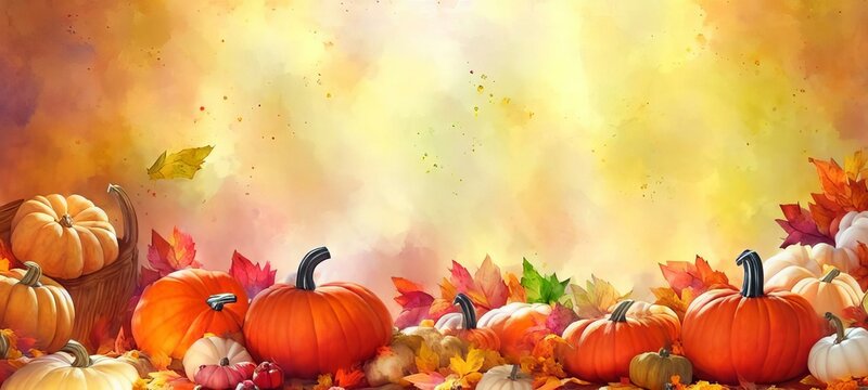 A Painting Of A Fall Scene With Pumpkins And Leaves, Fantastic Thanksgiving Watercolor Concept Abstract Background.