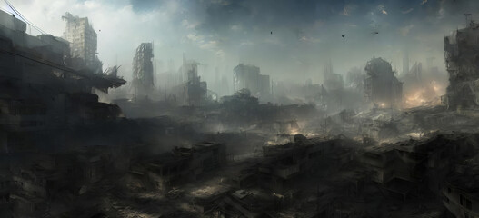 Sad Landscape Of Destruction. Movie Concept Digital Painting Illustration. Ruined City. Remains Unusable. Apocalypse Natural Or War.