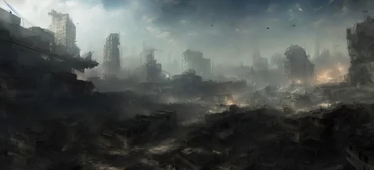 Foto op Plexiglas Triest landschap van vernietiging. Film Concept digitale schilderij illustratie. Verwoeste stad. Blijft onbruikbaar. Apocalyps natuurlijk of oorlog. © lumerb