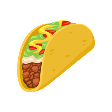 Taco Mexican food made from wheat tortilla with beef and vegetable topping cartoon illustration vector