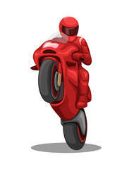 Motorbike rider in red team wheelie pose. racing competition cartoon illustration vector - obrazy, fototapety, plakaty