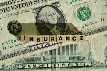Das Wort Insurance mit Holzw&uuml;rfeln auf Dollar Scheinen