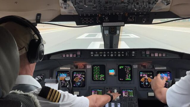 Exclusive view of a jet cockpit during the take-off. Immersive experience. 4K.