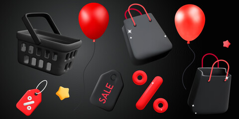 3d vector collection icon object for black friday online shopping sale discount tag, gift bag, basket, balloon design
