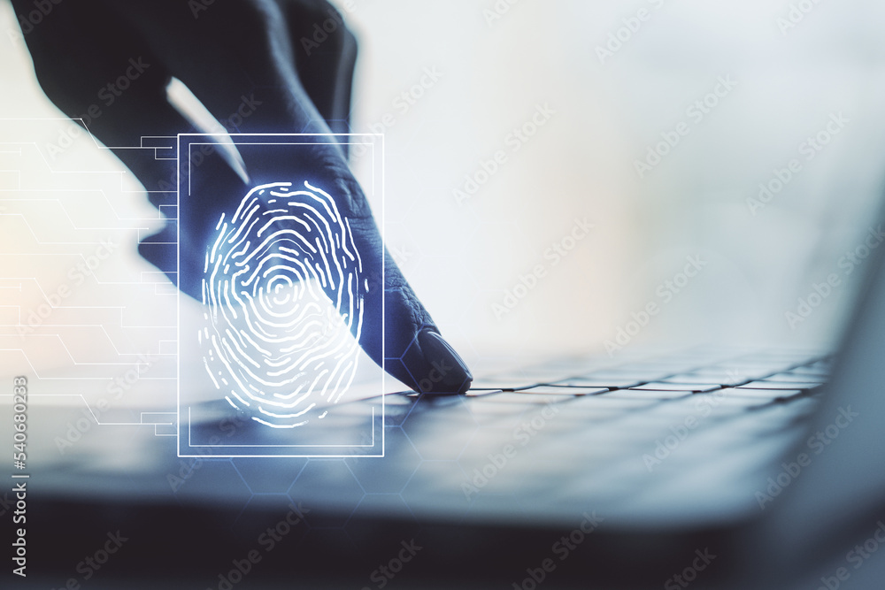 Aufkleber Multi exposure of abstract creative fingerprint illustration with hands typing on computer keyboard on background, digital access concept