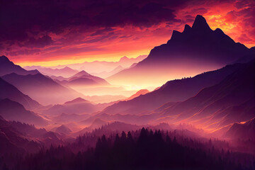 fantasy world sunset over the mountains
