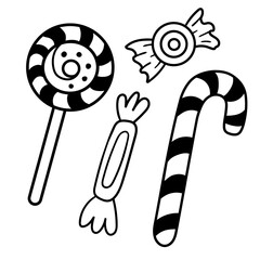Outline set with New year candy, sweet desserts with Santa stick, lollipops, and caramels.