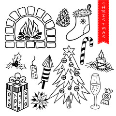 Outline set with Christmas decor elements - Christmas candle, gift, Christmas tree, fireplace, Santa sock, fireworks, a glass of champagne