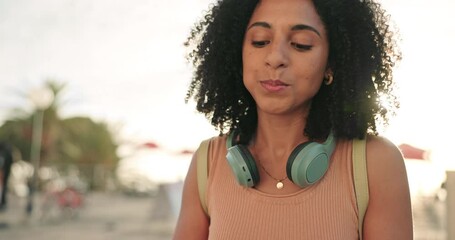 Food, eat and happy woman at an outdoor restaurant while on a holiday break or adventure in summer. Happiness, enjoy and girl from Puerto Rico eating a healthy meal for lunch outside on vacation.