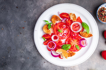 salad tomato panzanella bread, onion vegetable meal food snack on the table copy space food background  