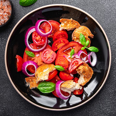 salad tomato panzanella bread, onion vegetable meal food snack on the table copy space food background  
